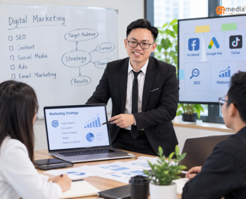 Nhóm Marketing nghiên cứu khách hàng, lập kế hoạch nội dung và phân tích dữ liệu.